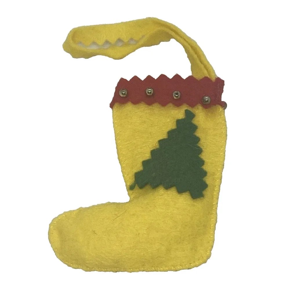 Vintage Christmas Stocking 3 1/2” Felt Yellow Red Green Beads Tree Holiday Gift
